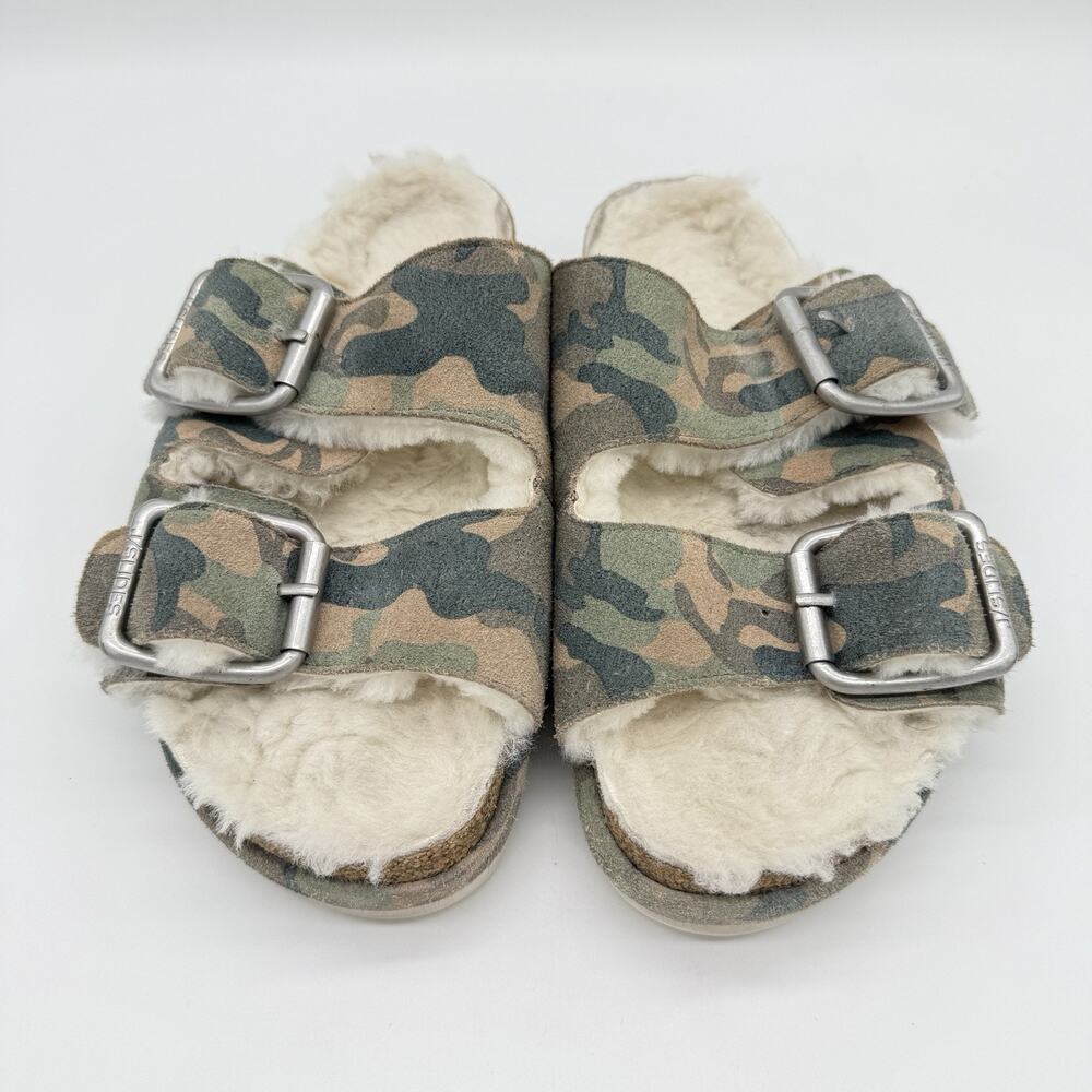 J/SLIDES Lynx Leather Sheepskin Green Camouflage Suede‎ Sandal - Size 6